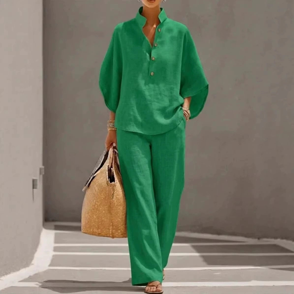 Women's Linen V-Neck 2-Piece Set - Batwing Sleeve Top & Wide Leg Pants