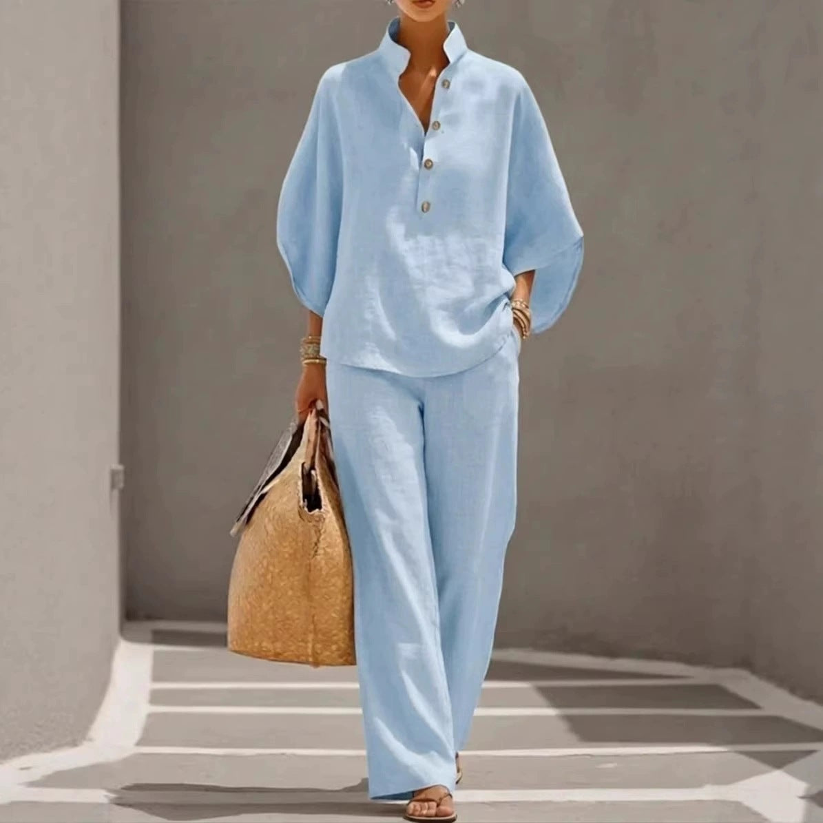 Women's Linen V-Neck 2-Piece Set - Batwing Sleeve Top & Wide Leg Pants